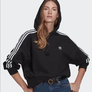 NEW Adidas Classics crop hoodie black white large logo stripes UNWORN
